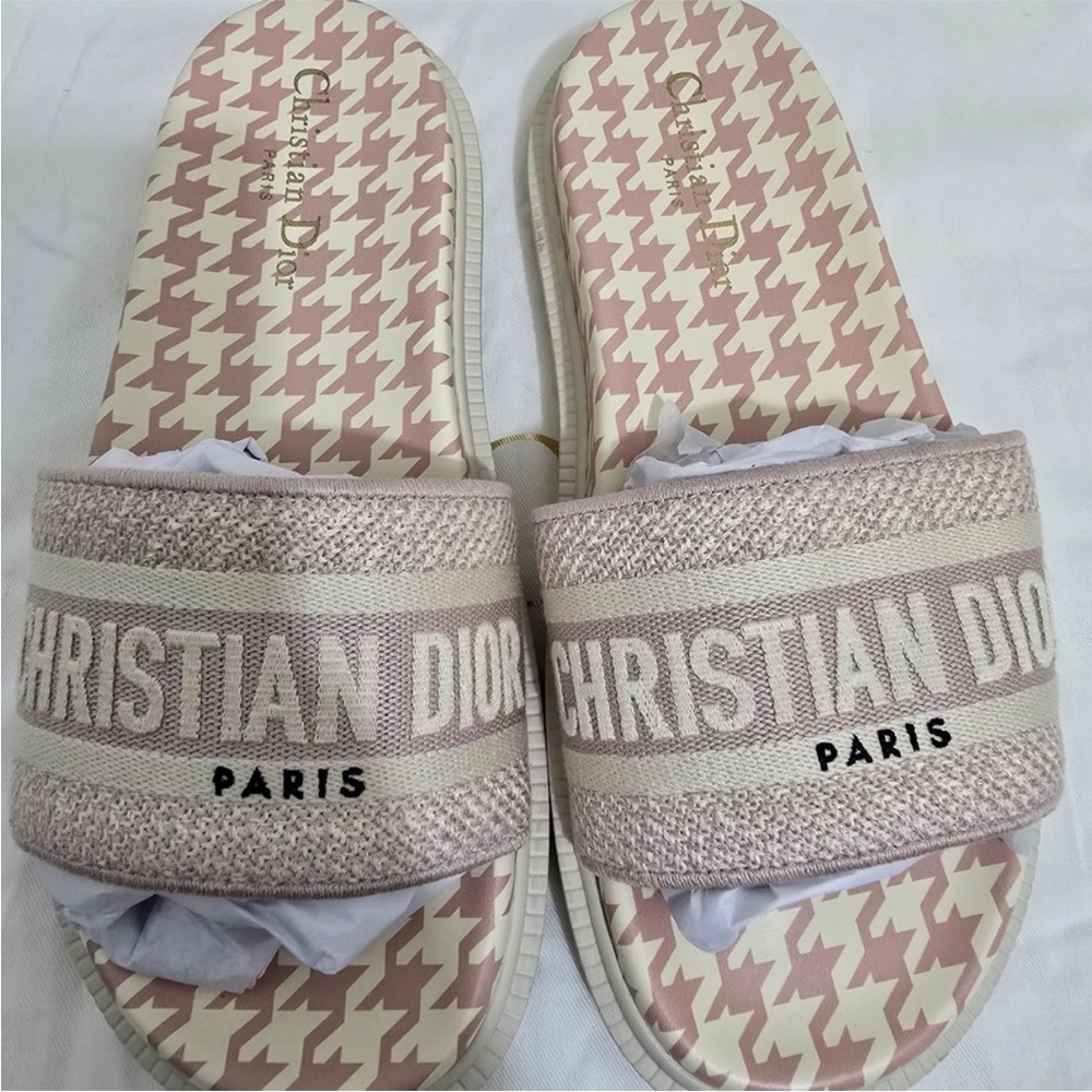 Dior Beige & Cream Houndstooth Slide Sandals